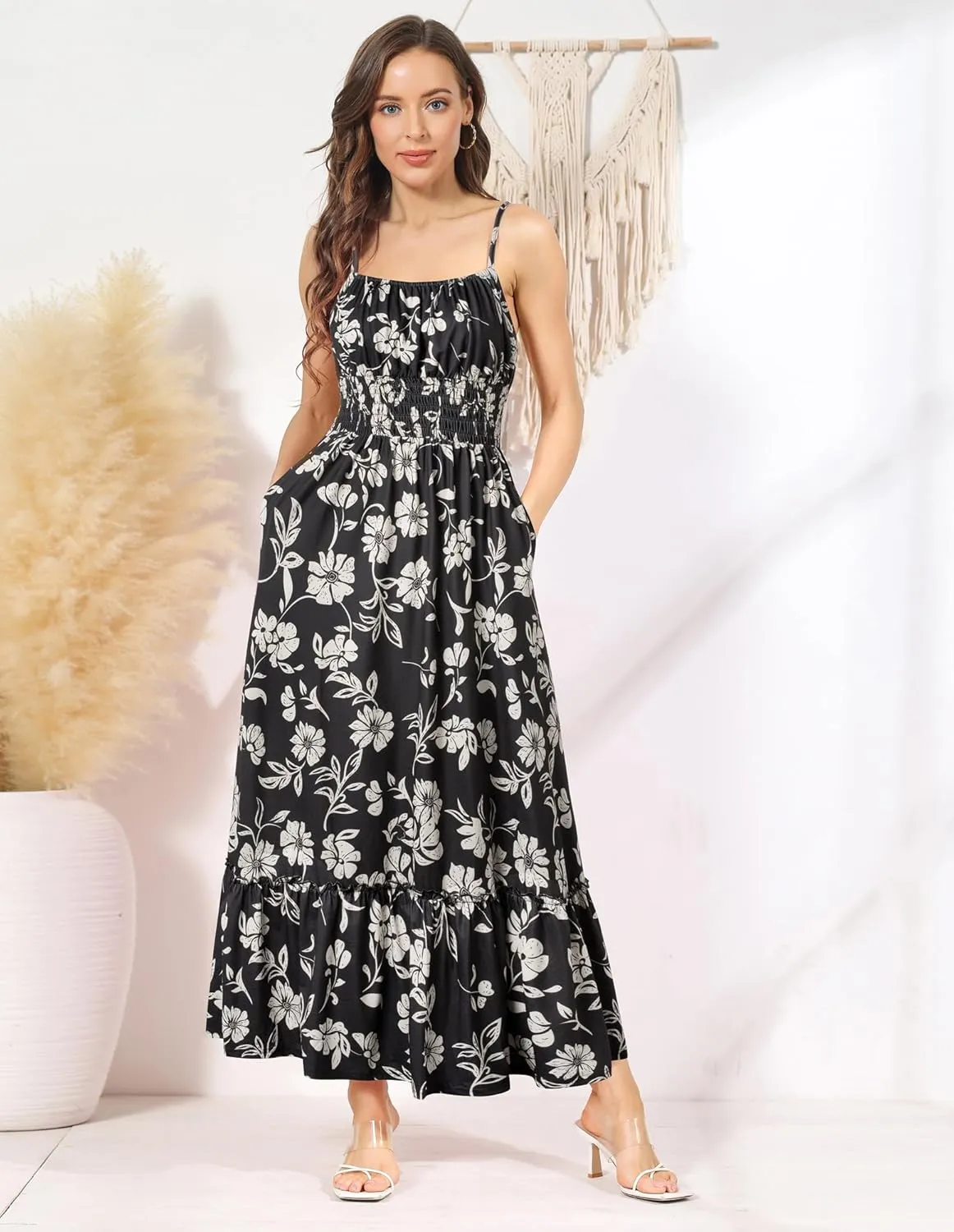GRACE KARIN Womens 2025 Summer Maxi Dress Sleeveless Floral Spaghetti Strap Smocked Boho Beach Long Dress with Pockets