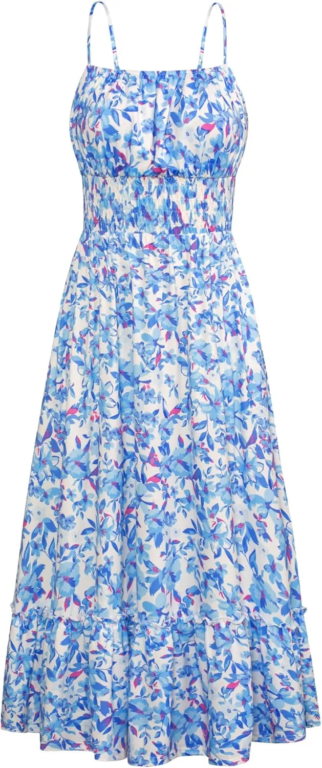 GRACE KARIN Womens 2025 Summer Maxi Dress Sleeveless Floral Spaghetti Strap Smocked Boho Beach Long Dress with Pockets