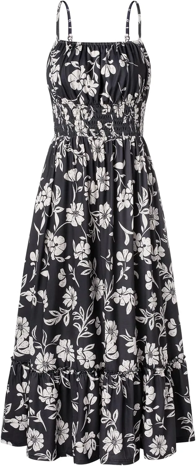GRACE KARIN Womens 2025 Summer Maxi Dress Sleeveless Floral Spaghetti Strap Smocked Boho Beach Long Dress with Pockets