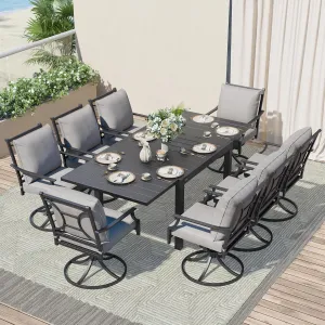 Grand patio 9-Piece Patio Dining Set for 8, E-Coated Outdoor Dining Set Swivel Patio Dining Chairs with Olefin Cushions & 1 Black Extendable Rectangular Faux Woodgrain Table for 6-8 Person
