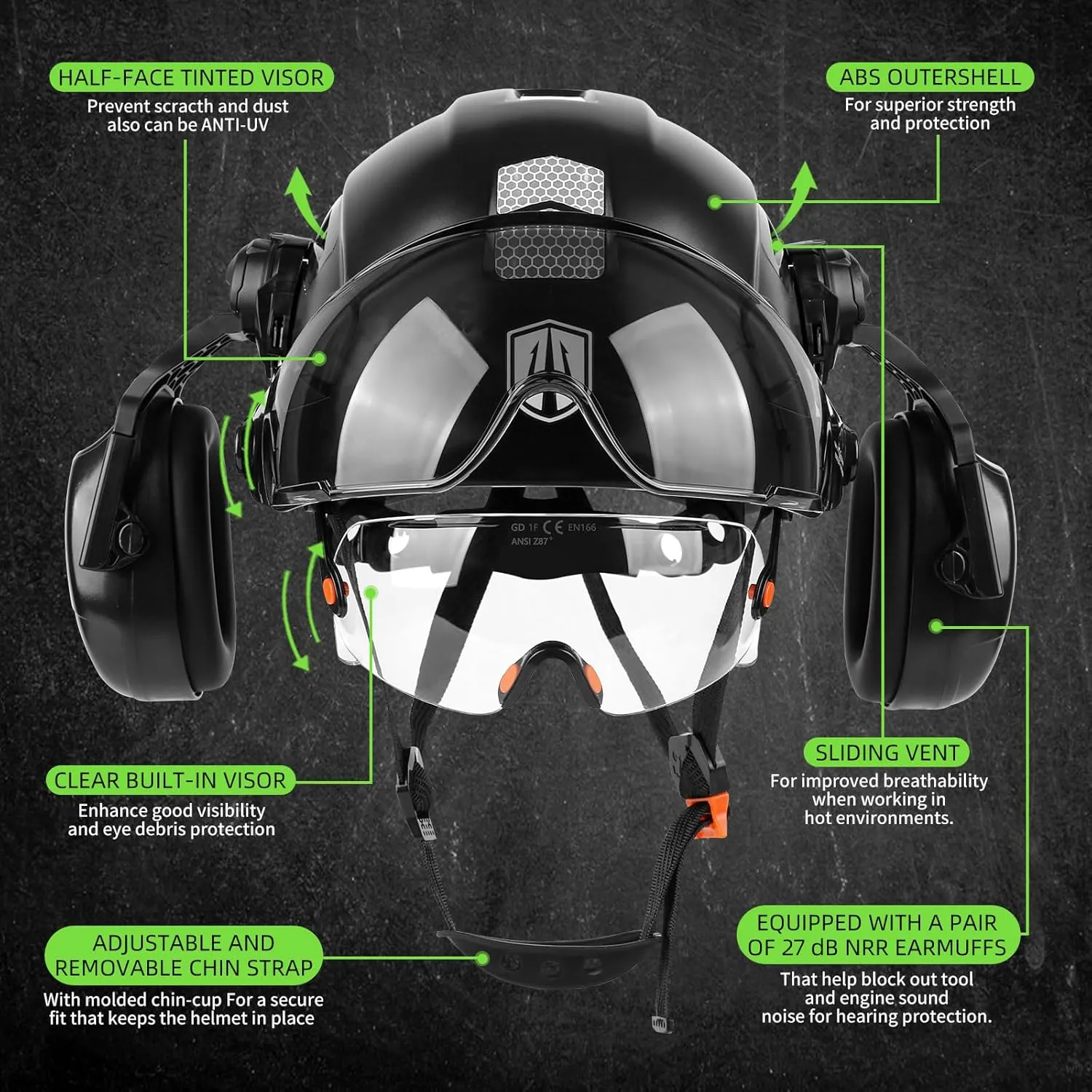 GREEN DEVIL Hard Hat Safety Helmet with Visor and Ear Muffs Men Women Vented Work Hardhat ANSI Z89.1 Cascos De Construccion for Industrial Construction Forestry