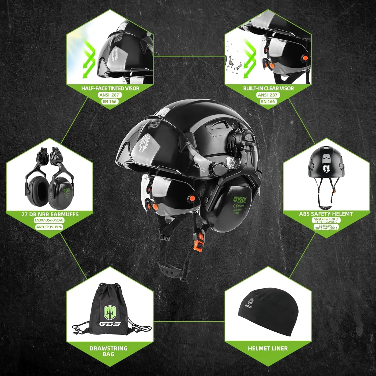 GREEN DEVIL Hard Hat Safety Helmet with Visor and Ear Muffs Men Women Vented Work Hardhat ANSI Z89.1 Cascos De Construccion for Industrial Construction Forestry