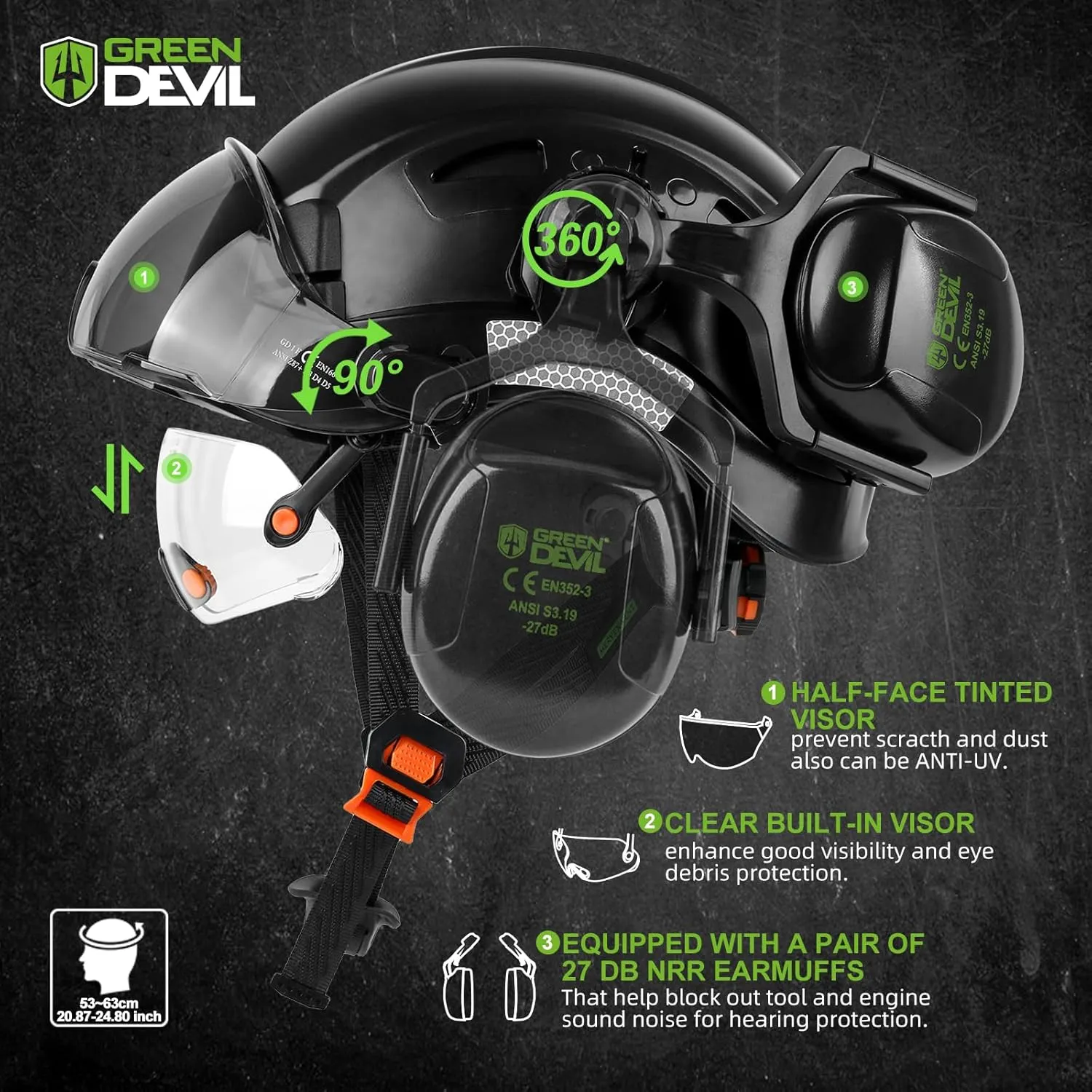 GREEN DEVIL Hard Hat Safety Helmet with Visor and Ear Muffs Men Women Vented Work Hardhat ANSI Z89.1 Cascos De Construccion for Industrial Construction Forestry