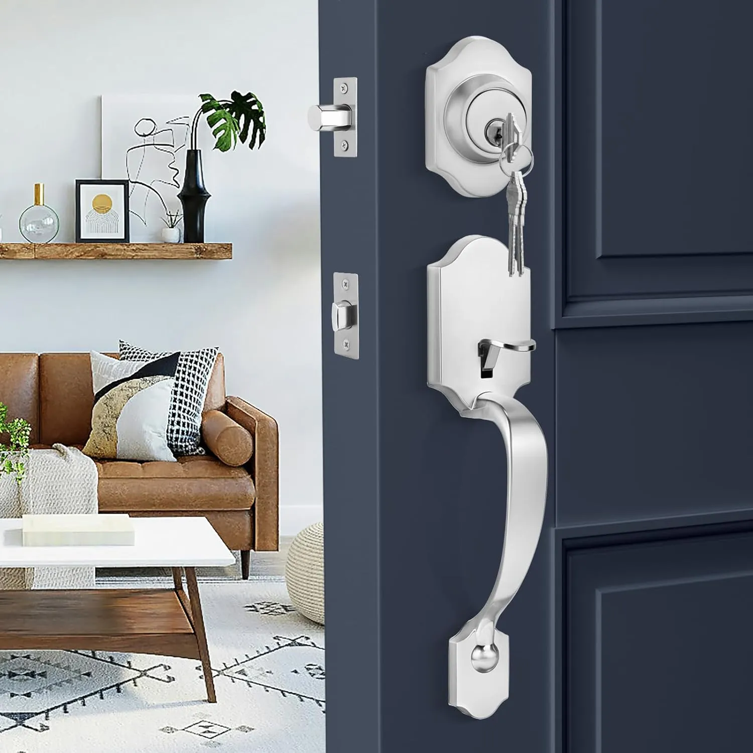 Haidms Brushed Nickel Front Door Handle and Deadbolt Set, Front Door Lock Set, Entry Door Locksets with Deadbolt Single Cylinder, Exterior Door Handle with Reversible Handle Lever