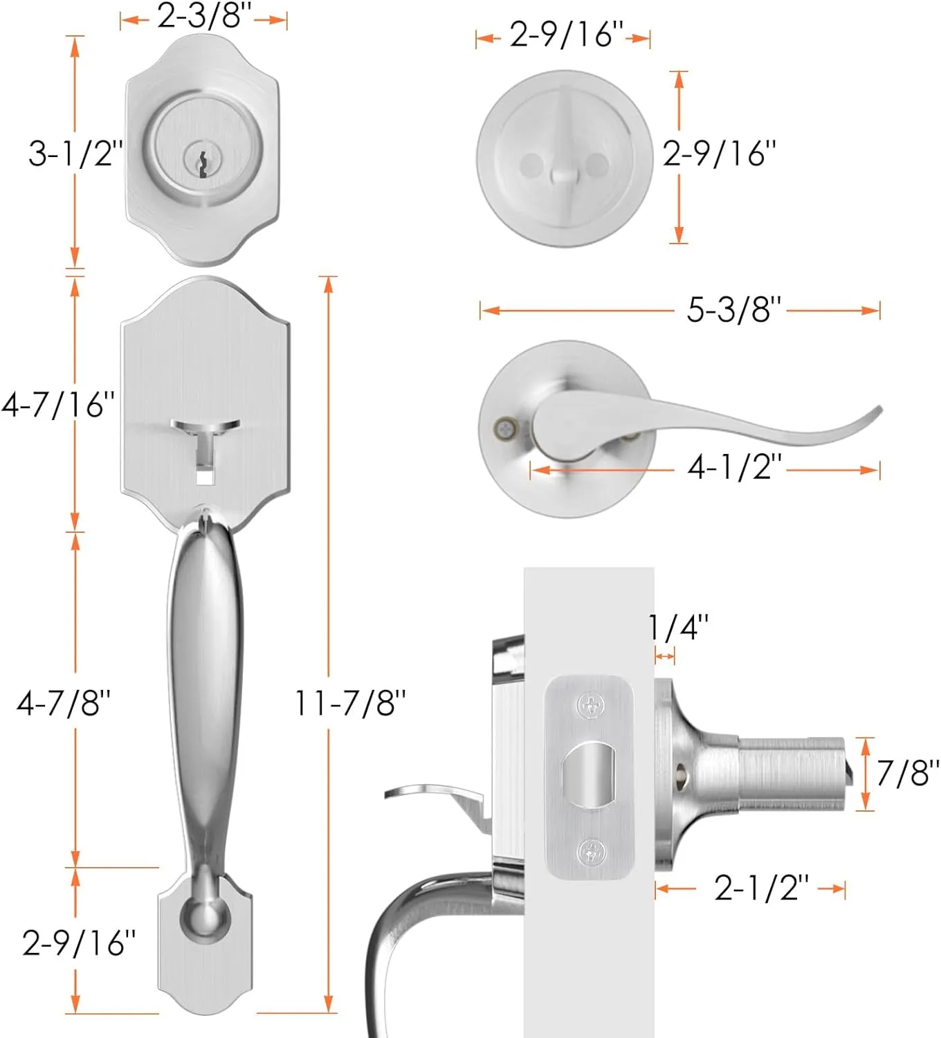 Haidms Brushed Nickel Front Door Handle and Deadbolt Set, Front Door Lock Set, Entry Door Locksets with Deadbolt Single Cylinder, Exterior Door Handle with Reversible Handle Lever