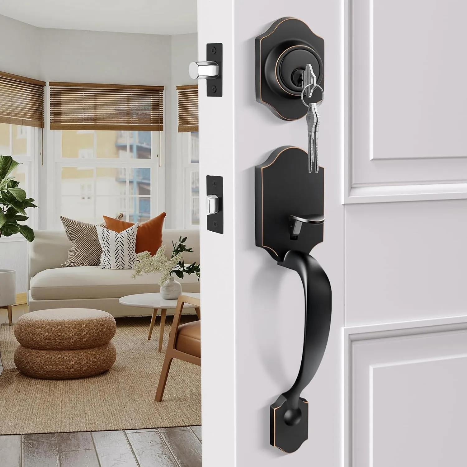 Haidms Oil-Rubbed Bronze Front Door Handle and Deadbolt Set, Front Door Lock Set, Entry Door Locksets with Deadbolt Single Cylinder, Exterior Door Handle with Reversible Handle Lever
