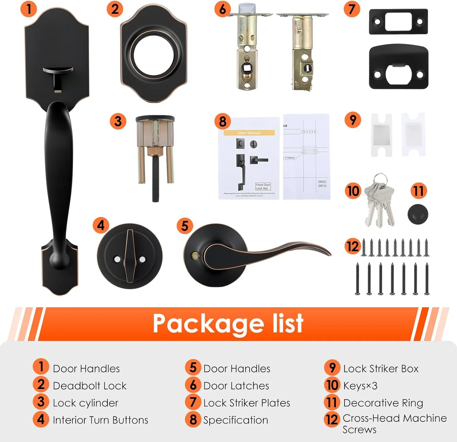 Haidms Oil-Rubbed Bronze Front Door Handle and Deadbolt Set, Front Door Lock Set, Entry Door Locksets with Deadbolt Single Cylinder, Exterior Door Handle with Reversible Handle Lever