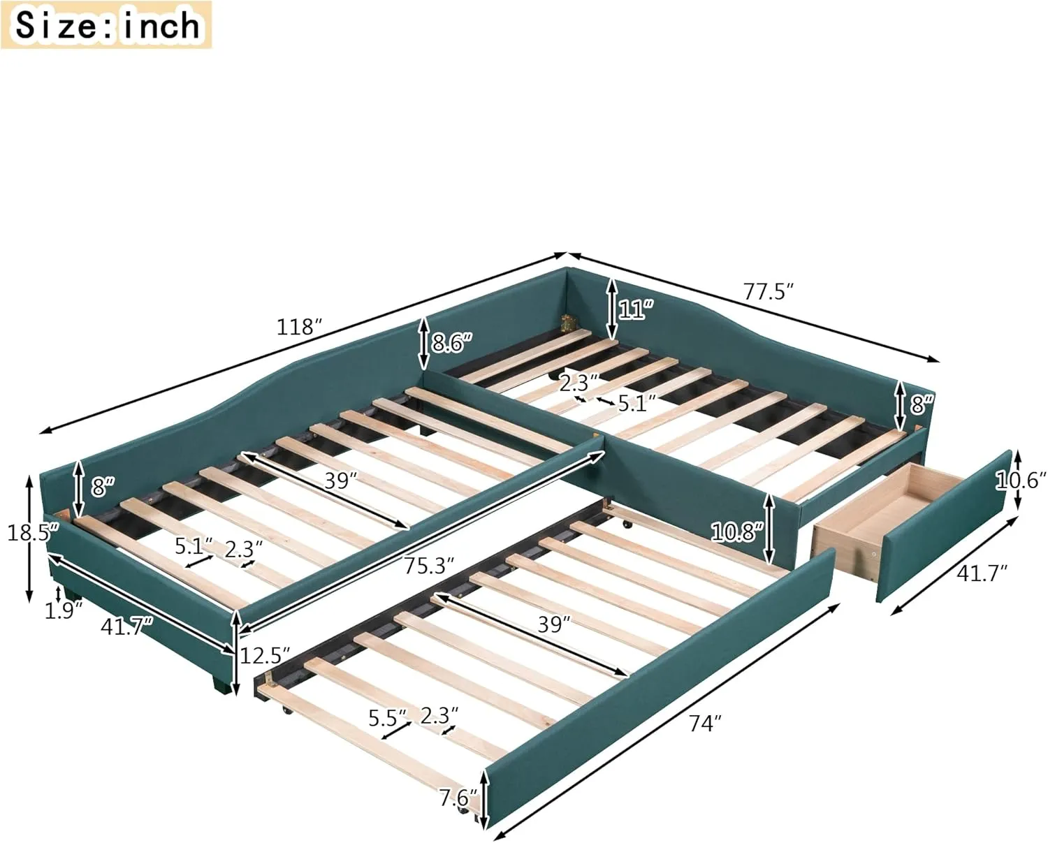 Harper & Bright Designs L-Shape Platform Bed Twin Size Upholstered Daybed with Trundle and Storage Drawer Linen Corner Day Bed Frame for 3 Kids Boys Girls Teens, Green