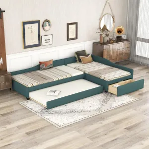 Harper & Bright Designs L-Shape Platform Bed Twin Size Upholstered Daybed with Trundle and Storage Drawer Linen Corner Day Bed Frame for 3 Kids Boys Girls Teens, Green