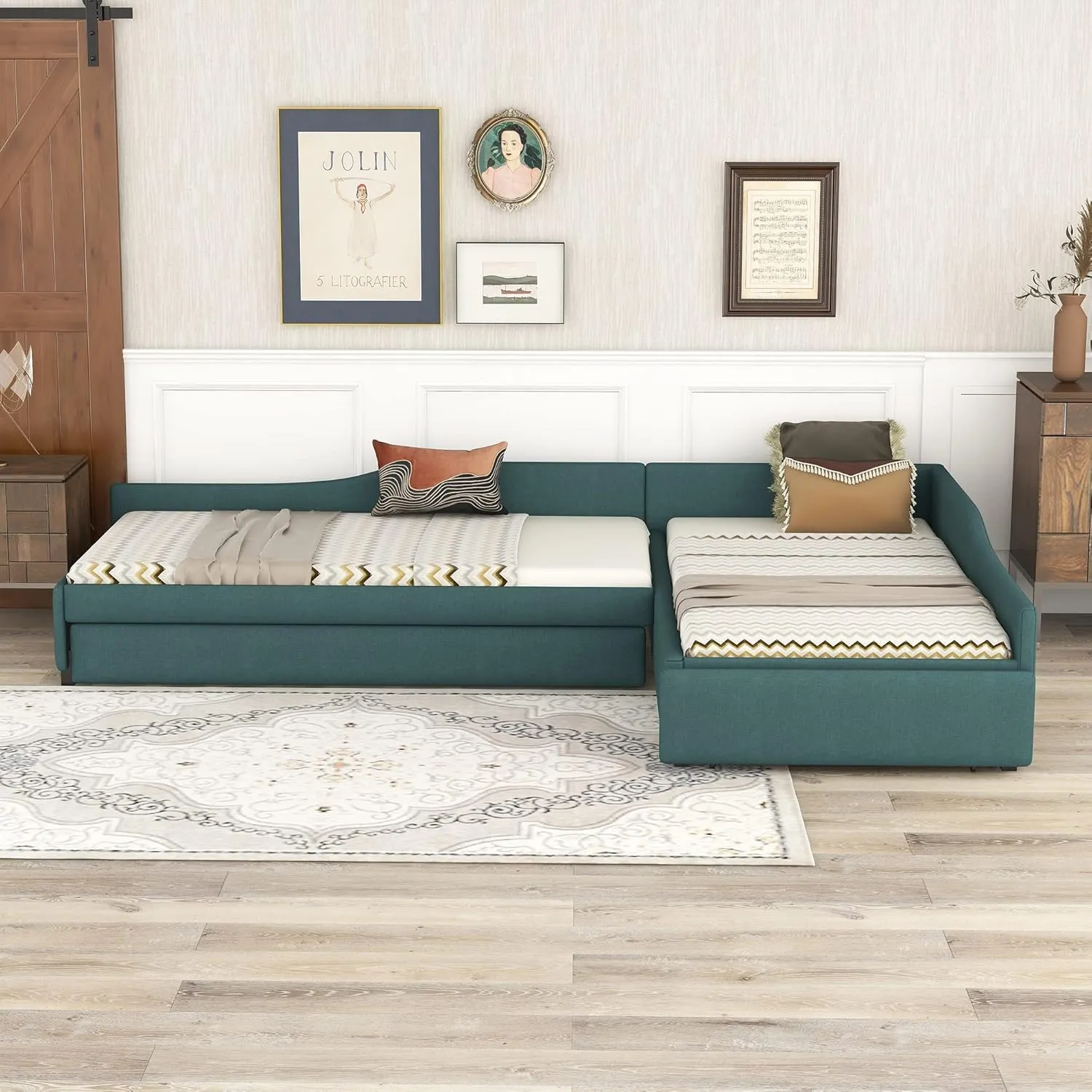 Harper & Bright Designs L-Shape Platform Bed Twin Size Upholstered Daybed with Trundle and Storage Drawer Linen Corner Day Bed Frame for 3 Kids Boys Girls Teens, Green
