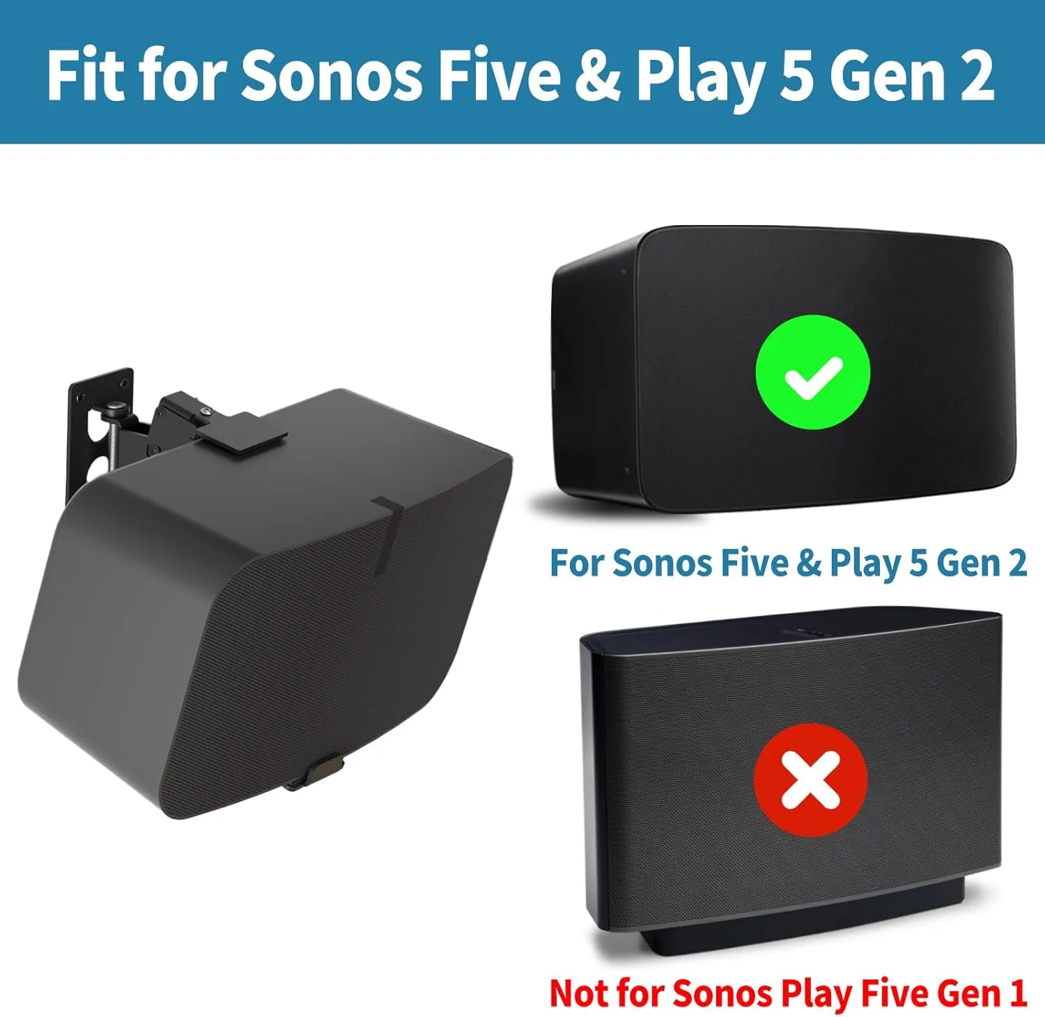 Heavy Duty Speaker Wall Mount for Sonos 5 & Sonos Play 5 Wall Mount - Tilt & Swivel Adjustable Speaker Mounts for Sonos 5 & Five, Play 5 Gen 2 Wall Mounting Bracket, Black