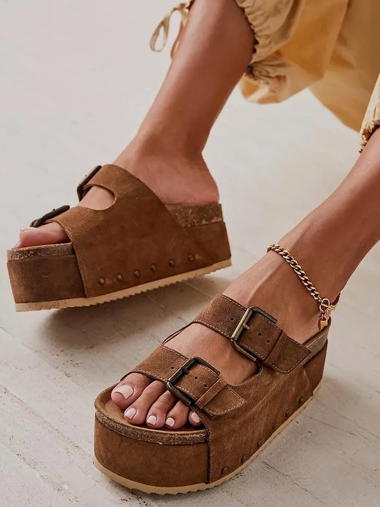 heelchic Platform Sandals Women, Chunky Platform Wedges with Arch Support, Big Buckle Casual Open Toe Slide Sandals