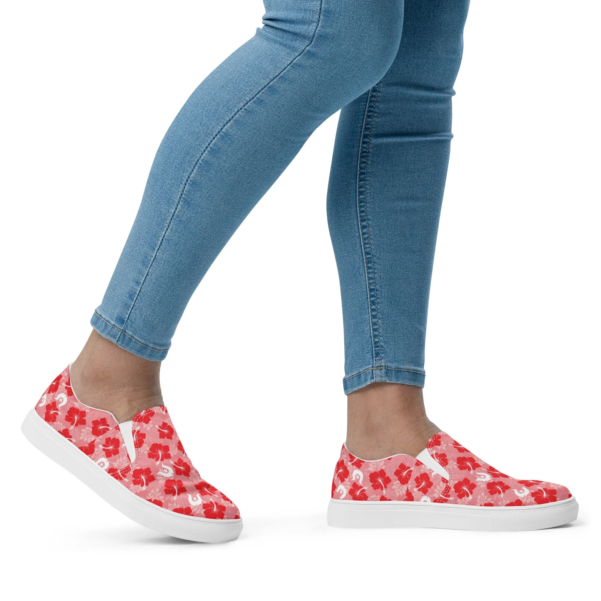 Hibiscus flowers with Dhari (Royal pink) on Women’s slip-on canvas shoes