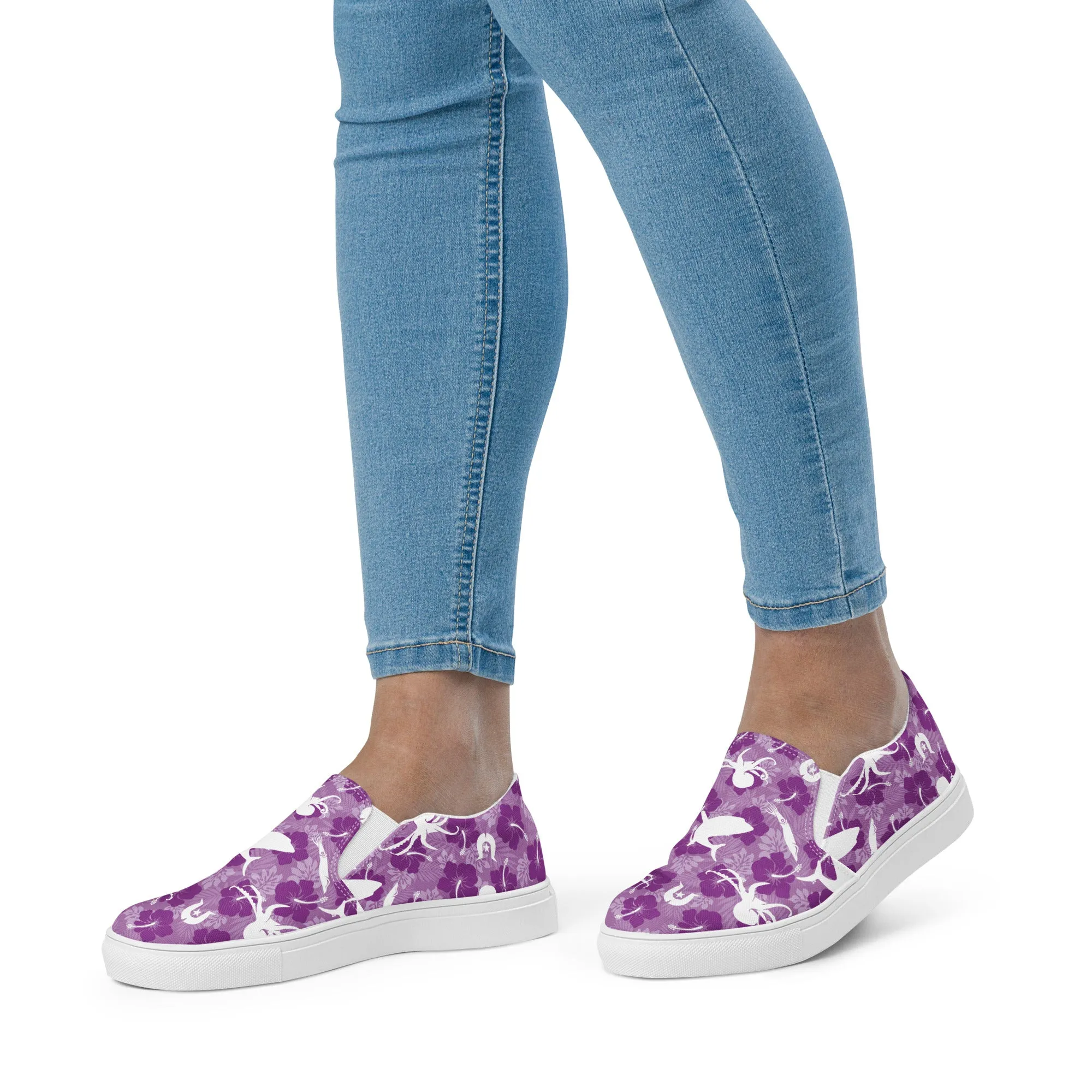 Hibiscus flowers with Octopus, Squid and Shark (Royal Purple) on Women’s slip-on canvas shoes