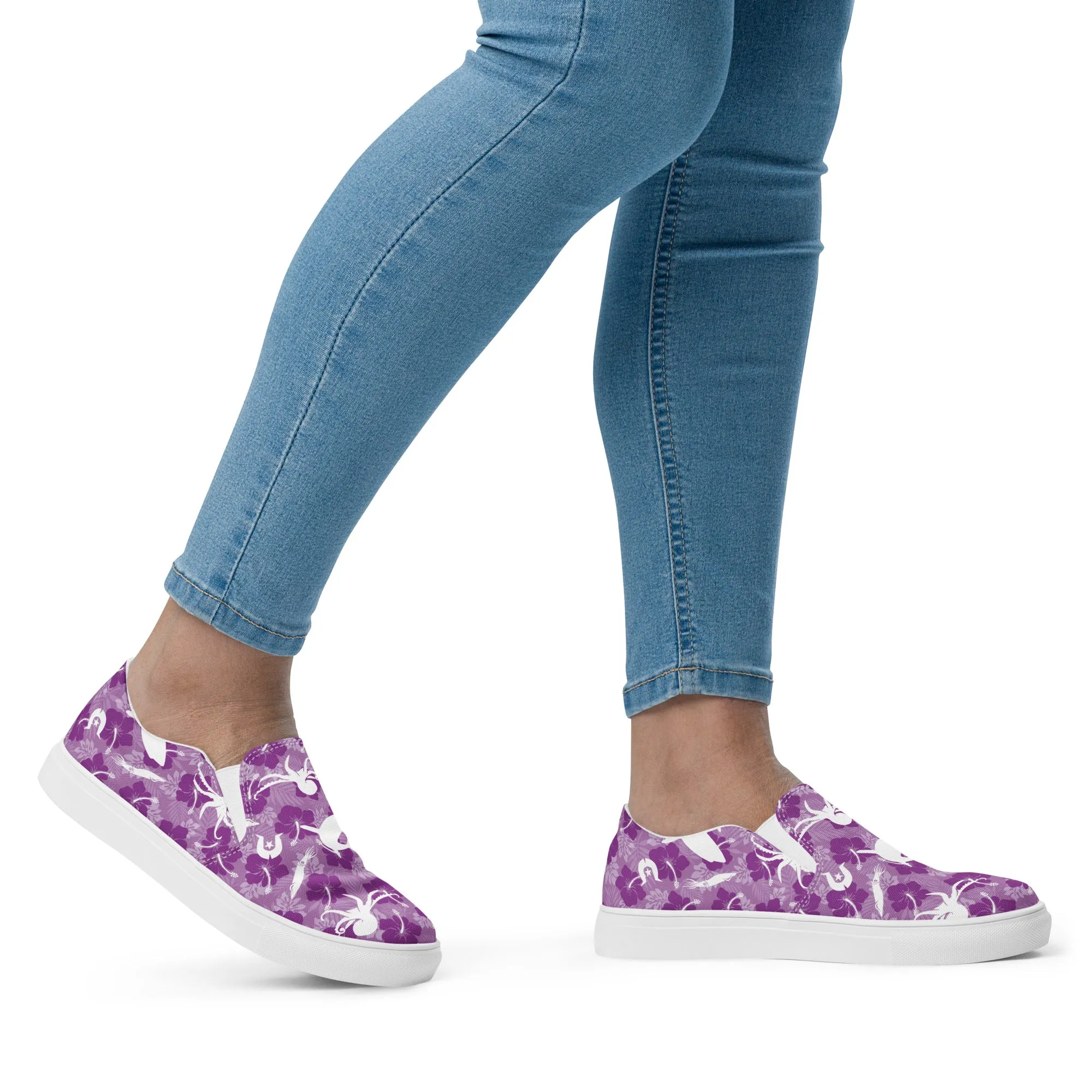 Hibiscus flowers with Octopus, Squid and Shark (Royal Purple) on Women’s slip-on canvas shoes