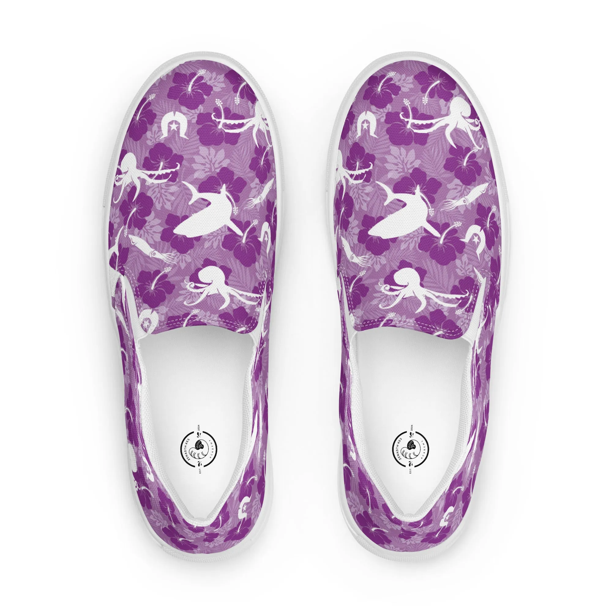 Hibiscus flowers with Octopus, Squid and Shark (Royal Purple) on Women’s slip-on canvas shoes