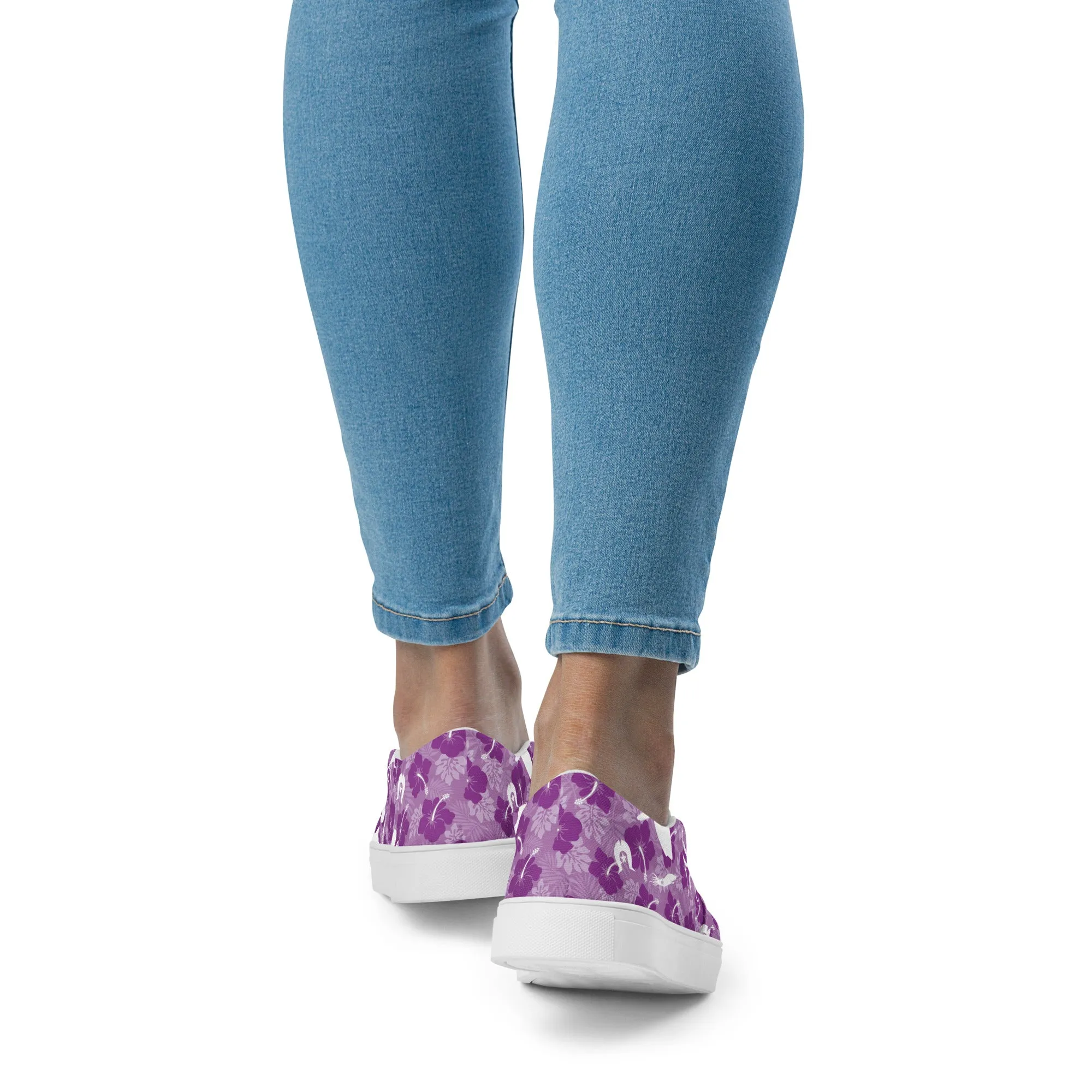 Hibiscus flowers with Octopus, Squid and Shark (Royal Purple) on Women’s slip-on canvas shoes