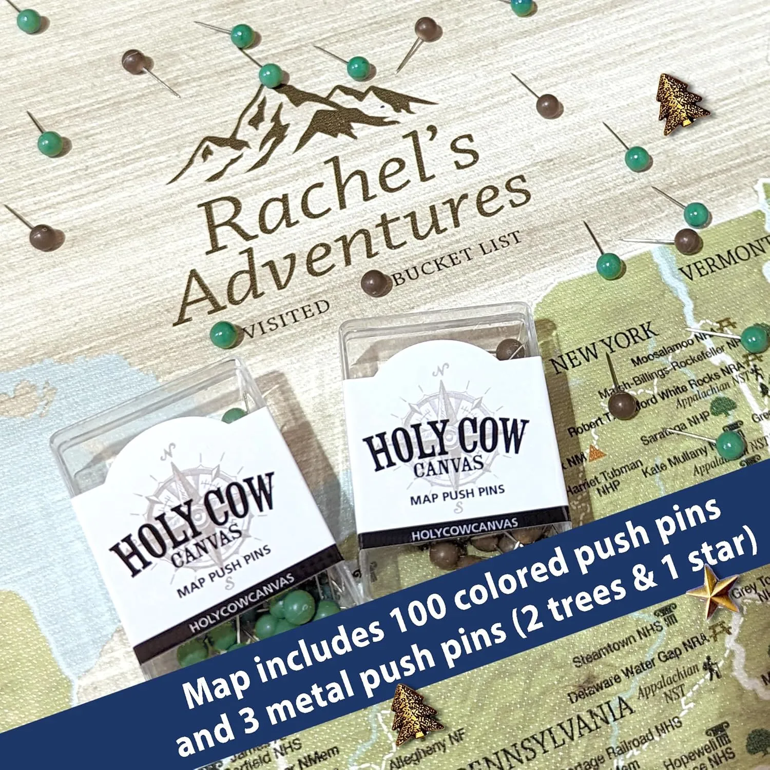 Holy Cow Canvas Personalized National Parks & Sites United States Map on Canvas, National Forests Map, US Map with Pins to Mark Travels, National Parks Map with Push Pins (30"x20", Rolled)