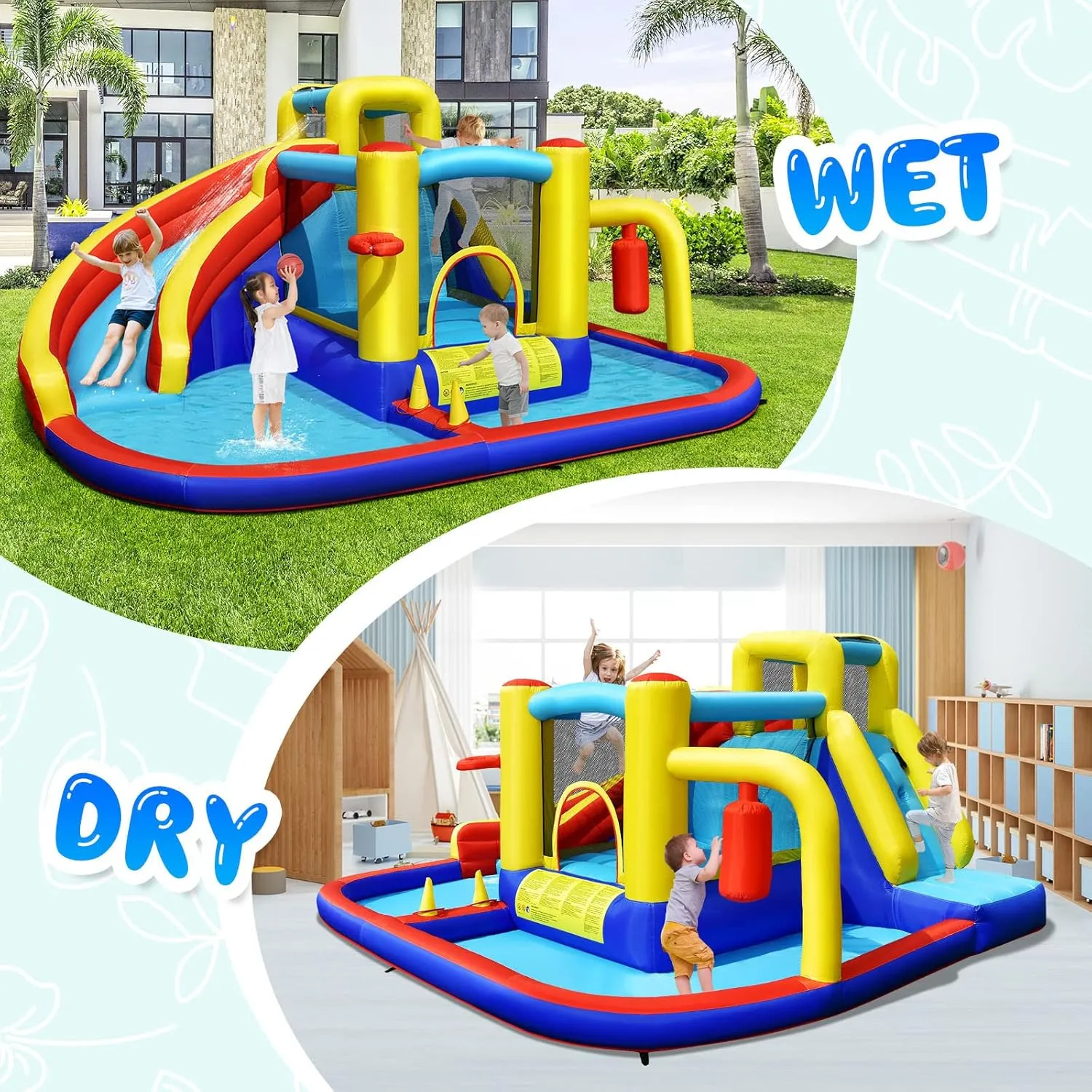 HONEY JOY Inflatable Water Slide, 7 in 1 Toddler Giant Blow Up Bouncy Water Park w/Splash Pool, Outdoor Water Bounce House Water Slides Inflatables for Kids and Adults Backyard(Without Blower)