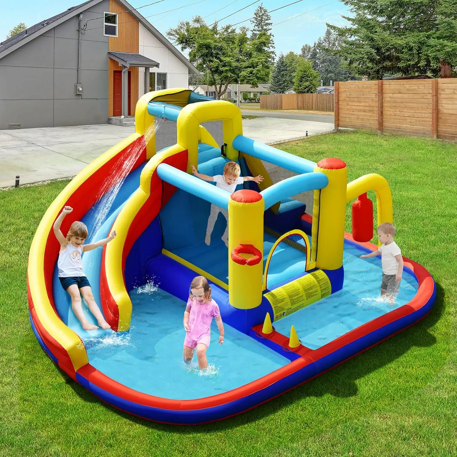 HONEY JOY Inflatable Water Slide, 7 in 1 Toddler Giant Blow Up Bouncy Water Park w/Splash Pool, Outdoor Water Bounce House Water Slides Inflatables for Kids and Adults Backyard(Without Blower)