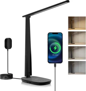 Honeywell Sunturalux™ LED Desk Lamp Dimmable Desk Light with USB A C Dual Charging Port Eye-Caring Foldable Table Lamp with 4 Color Modes for Home Office Bedroom Reading Study Work HWT-H2B Black