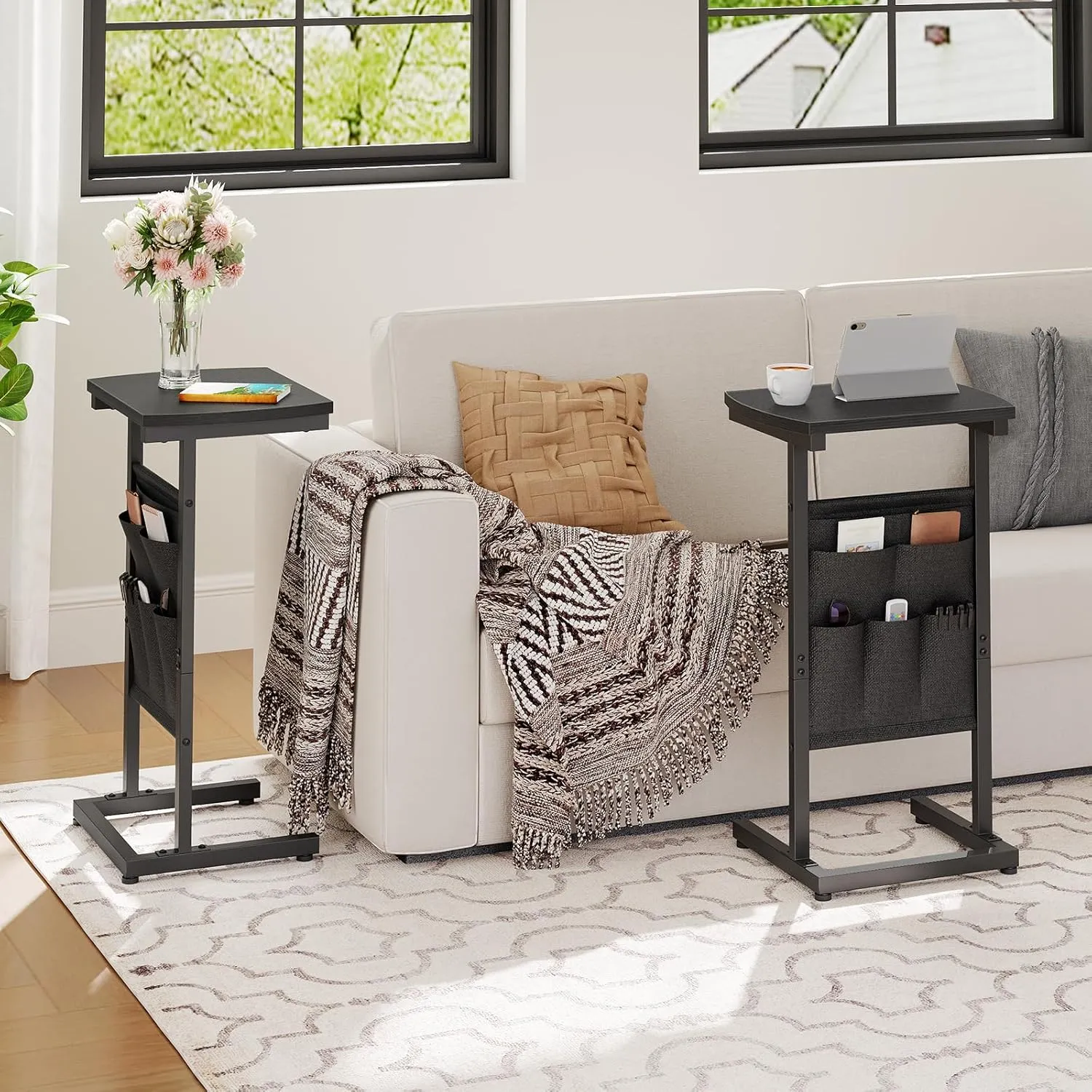 HOOBRO C Shaped End Table Set of 2, Small Side Table for Couch with Storage Bag, Slide Under Sofa, TV Tray for Small Place, Sturdy Frame, Living Room, Bedroom, Black BB40SFP201
