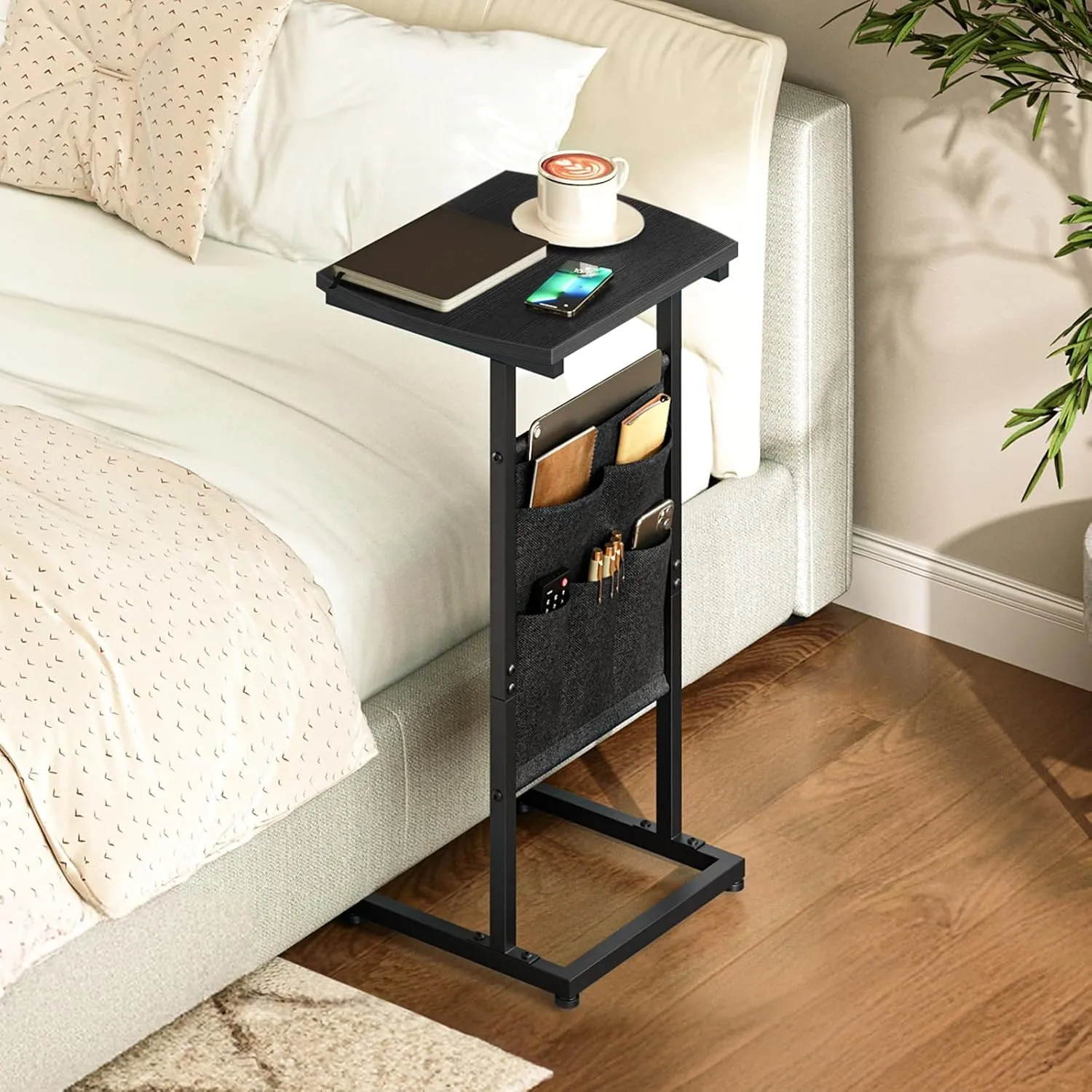 HOOBRO C Shaped End Table Set of 2, Small Side Table for Couch with Storage Bag, Slide Under Sofa, TV Tray for Small Place, Sturdy Frame, Living Room, Bedroom, Black BB40SFP201