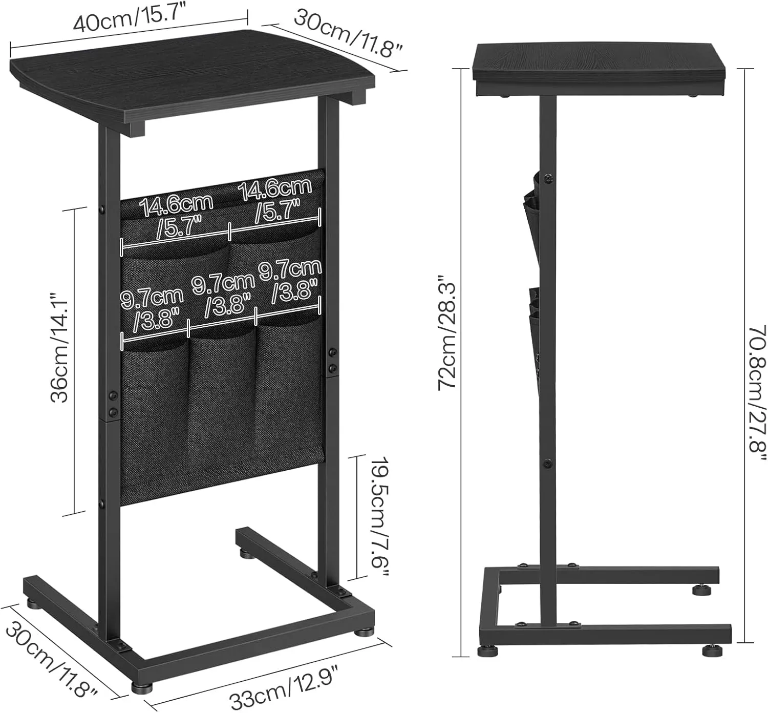 HOOBRO C Shaped End Table Set of 2, Small Side Table for Couch with Storage Bag, Slide Under Sofa, TV Tray for Small Place, Sturdy Frame, Living Room, Bedroom, Black BB40SFP201