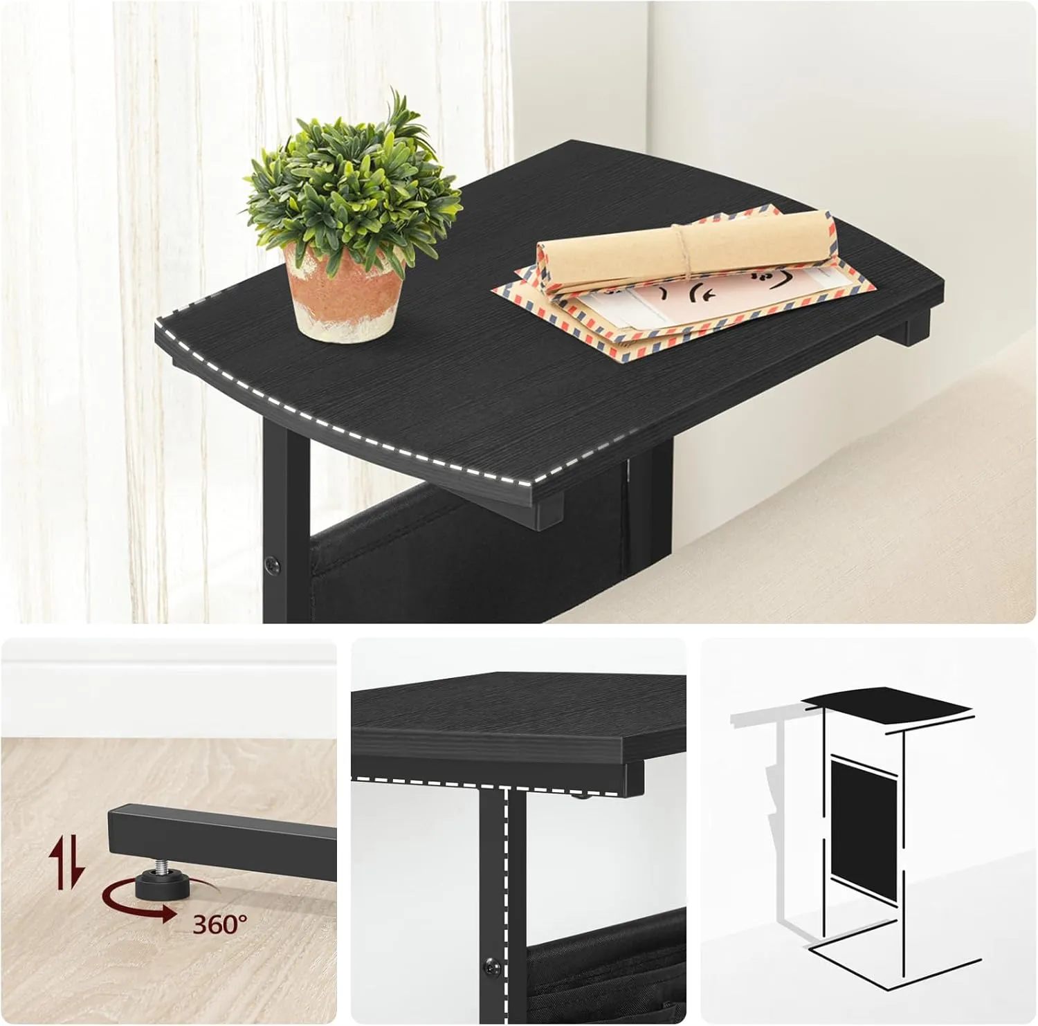 HOOBRO C Shaped End Table Set of 2, Small Side Table for Couch with Storage Bag, Slide Under Sofa, TV Tray for Small Place, Sturdy Frame, Living Room, Bedroom, Black BB40SFP201