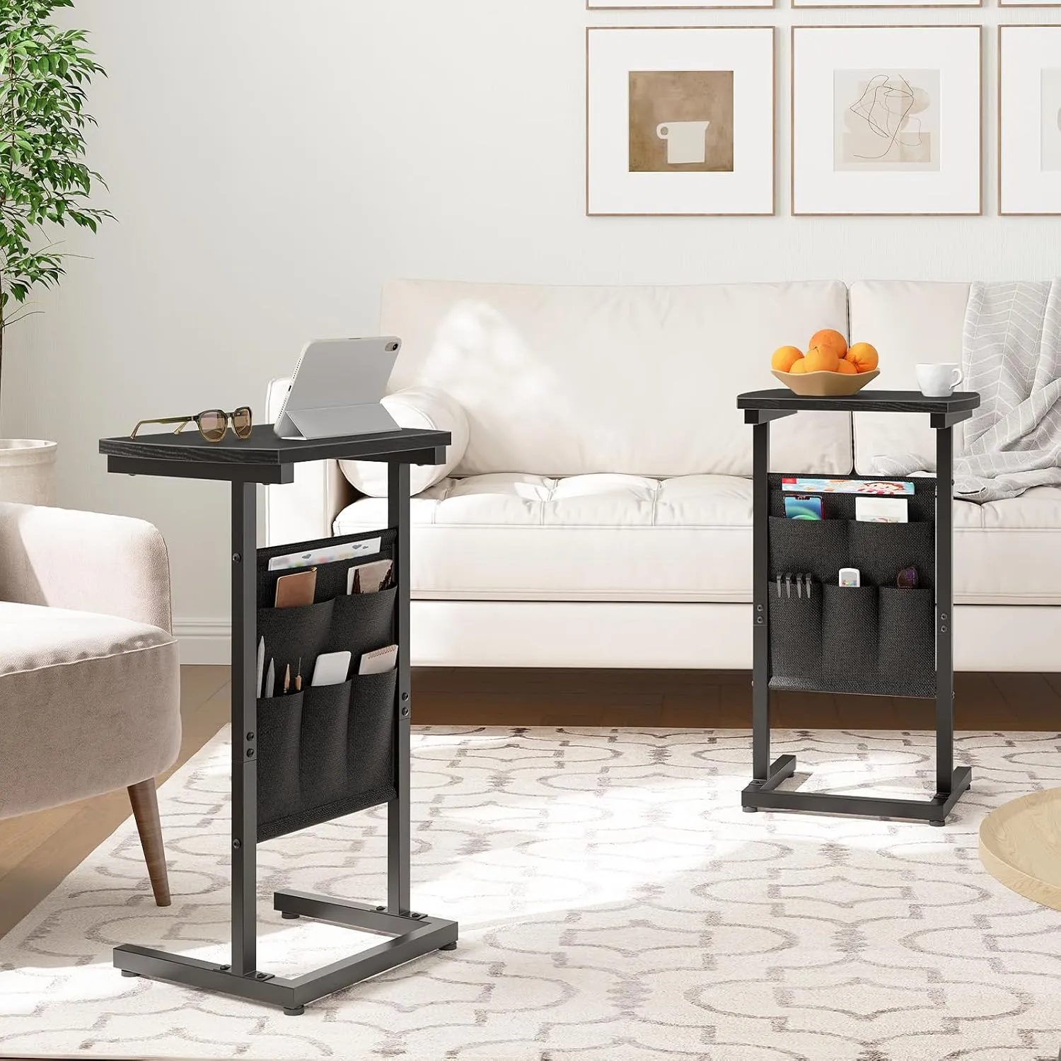 HOOBRO C Shaped End Table Set of 2, Small Side Table for Couch with Storage Bag, Slide Under Sofa, TV Tray for Small Place, Sturdy Frame, Living Room, Bedroom, Black BB40SFP201