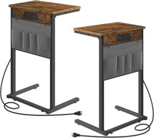 HOOBRO C Shaped End Table Set of 2 with Charging Station, 28" Tall Couch Table for Couch and Recliner for Small Spaces, Slide Under Sofa Tray with Storage Bag for Living Room, Rustic Brown BF70USFP201