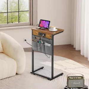 HOOBRO C Shaped End Table with Charging Station, 28" H Couch Side Table for Small Spaces, Slide Under Sofa Tray Recliner Table with Storage Bag for Living Room, Rustic Brown BF70USF01