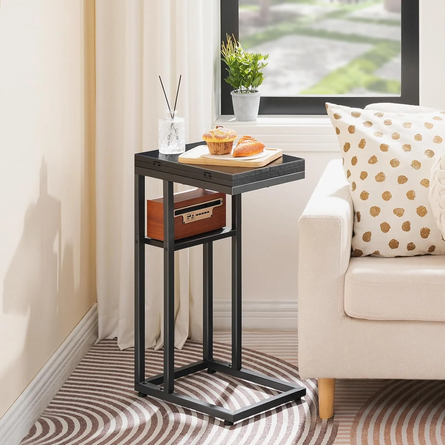 HOOBRO Foldable End Table, C Shaped Side Table with Storage Shelf, Small Snack Table Suitable for Living Room Bedroom Small Spaces, Easy Assembly, Black BK29SF01