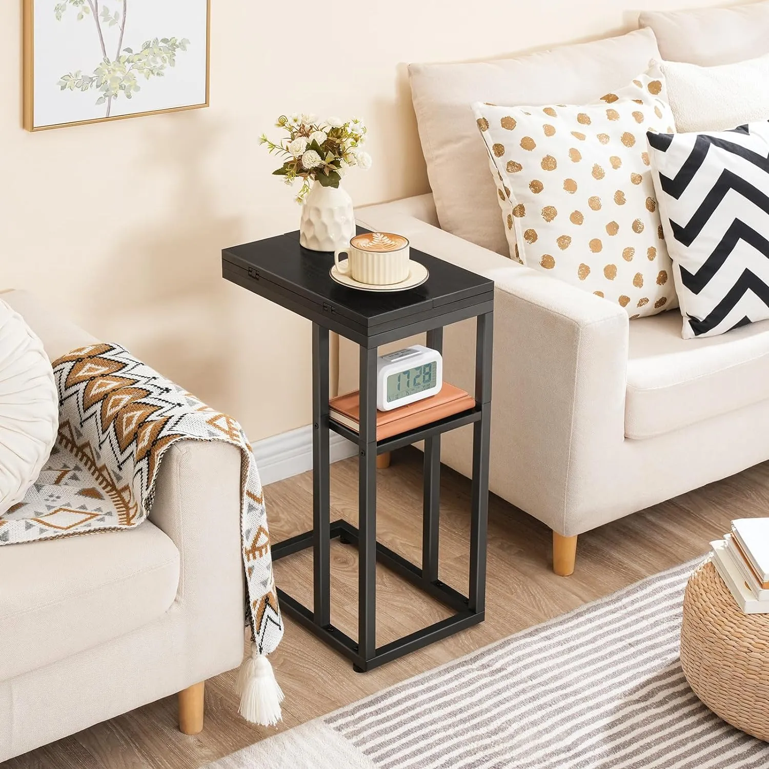 HOOBRO Foldable End Table, C Shaped Side Table with Storage Shelf, Small Snack Table Suitable for Living Room Bedroom Small Spaces, Easy Assembly, Black BK29SF01