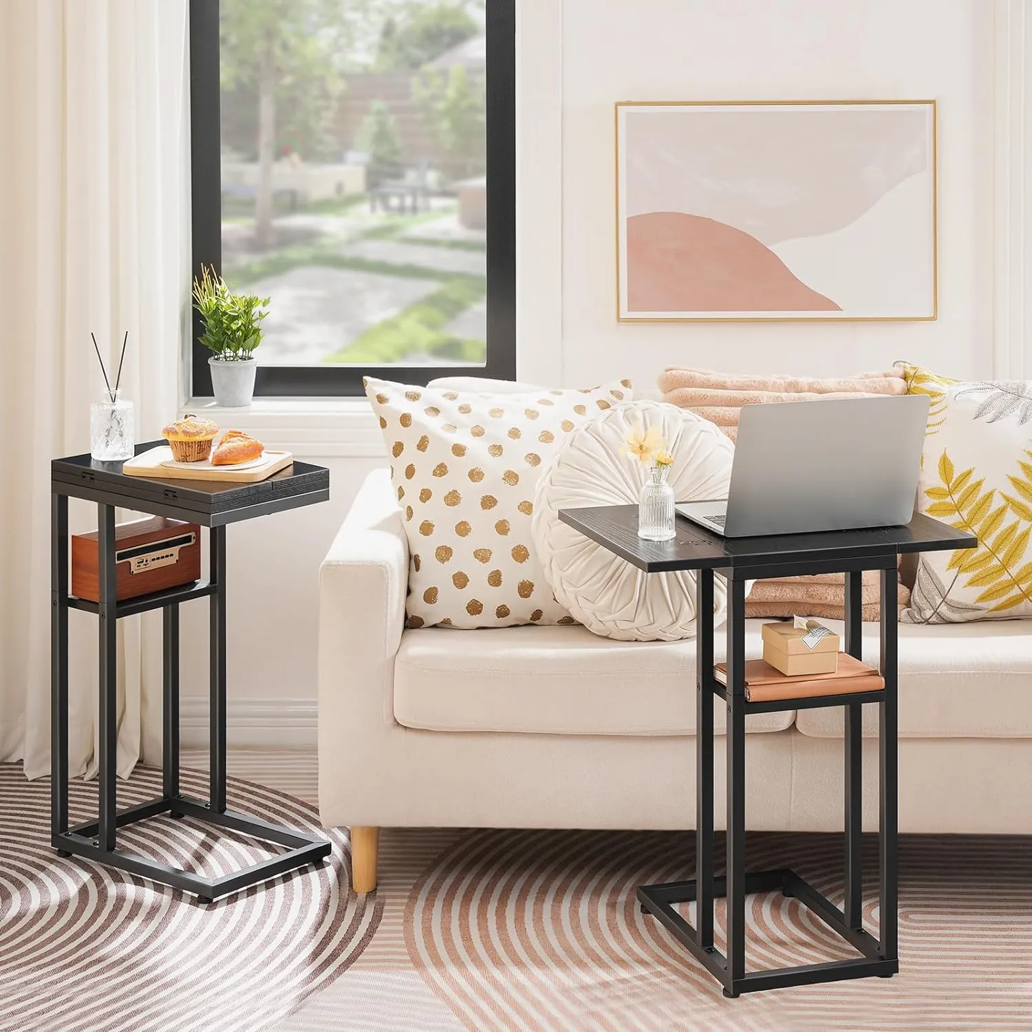 HOOBRO Foldable End Table, C Shaped Side Table with Storage Shelf, Small Snack Table Suitable for Living Room Bedroom Small Spaces, Easy Assembly, Black BK29SF01