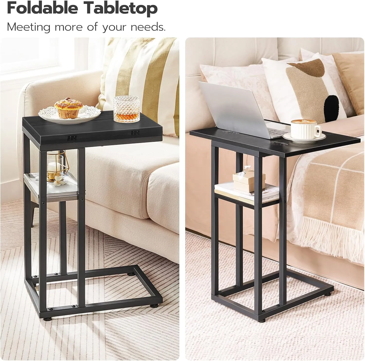 HOOBRO Foldable End Table, C Shaped Side Table with Storage Shelf, Small Snack Table Suitable for Living Room Bedroom Small Spaces, Easy Assembly, Black BK29SF01