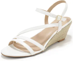 IDIFU IN2 Espadrille Wedge Sandals for Women Strappy Round Open Toe Wedge Heels Wedding Bridal Work Office Summer Beach Dress Sandals Comfortable Dressy Casual Cute Trendy Ankle Strap Low Heel Wedges