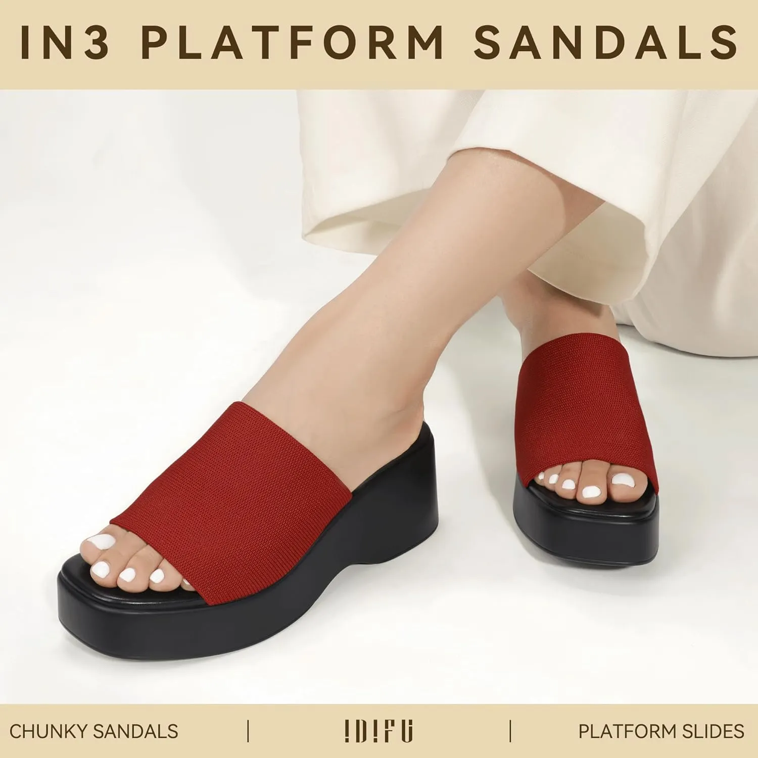 IDIFU IN3 Platform Sandals Womens Wedges Sandals Comfortable Cute Square Open Toe Slides Sandals Lightweight Slip On Chunky Wedges Heels Sandals Dressy Casual Summer Beach Walking Sandals Shoes
