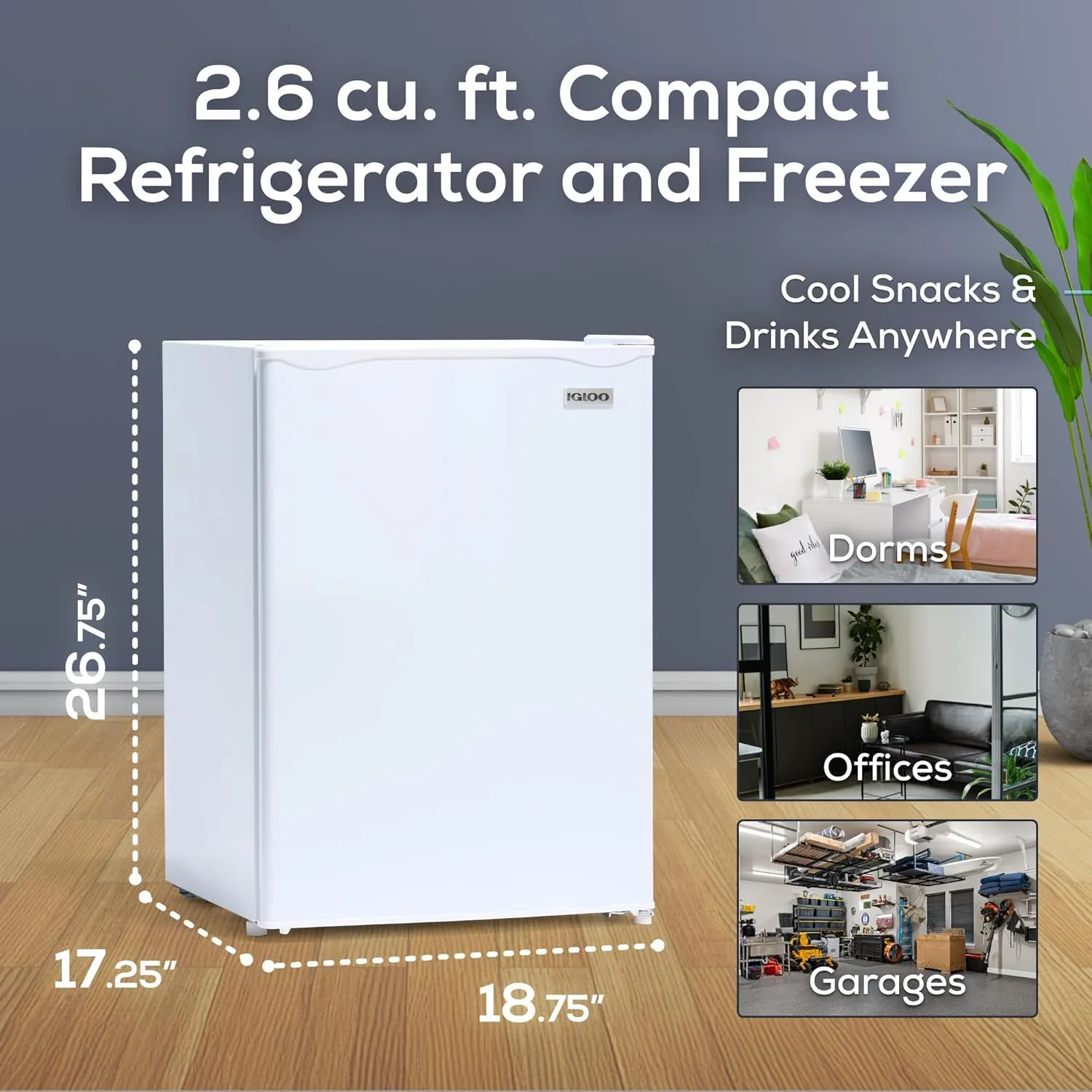Igloo 2.6 Cu. Ft. Compact Refrigerator with Freezer - Mini Fridge for Dorm, Office, and Bedroom - Includes Adjustable Shelves and 8-Can Dispenser - 2-Liter Storage - White