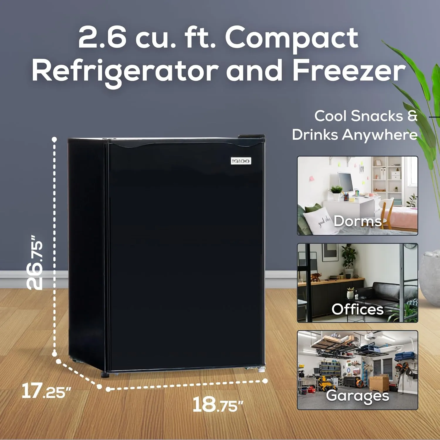 Igloo 2.6 Cu.Ft. Compact Refrigerator with Freezer, 2 Shelfs, Perfect for Homes, Offices, Dorms, Black
