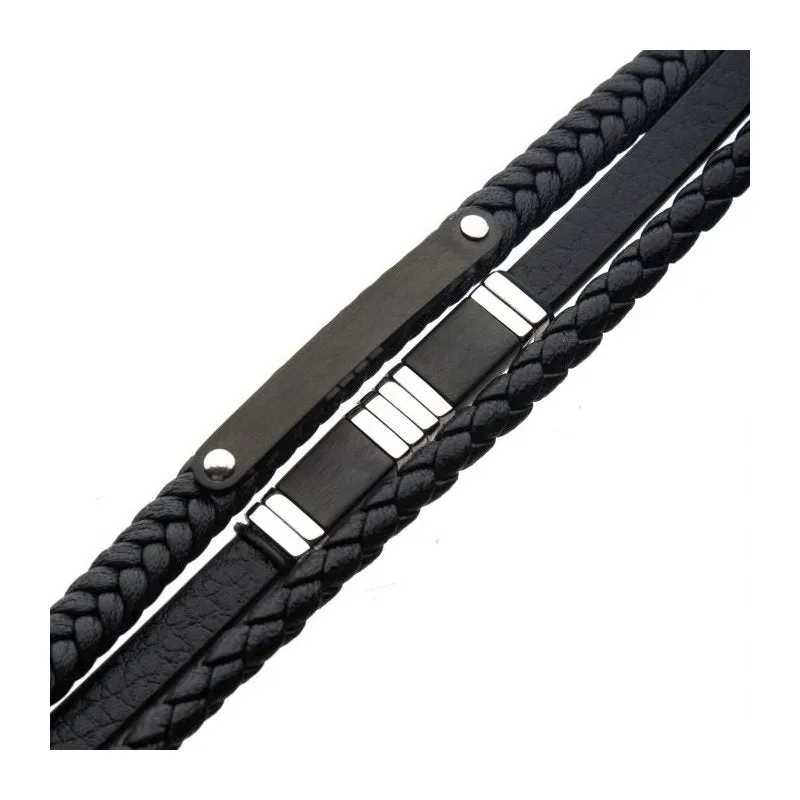 INOX Jewelry Black Leather with Black & Steel Bar Bracelet