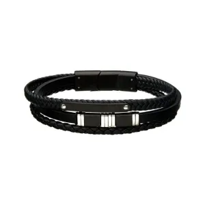 INOX Jewelry Black Leather with Black & Steel Bar Bracelet