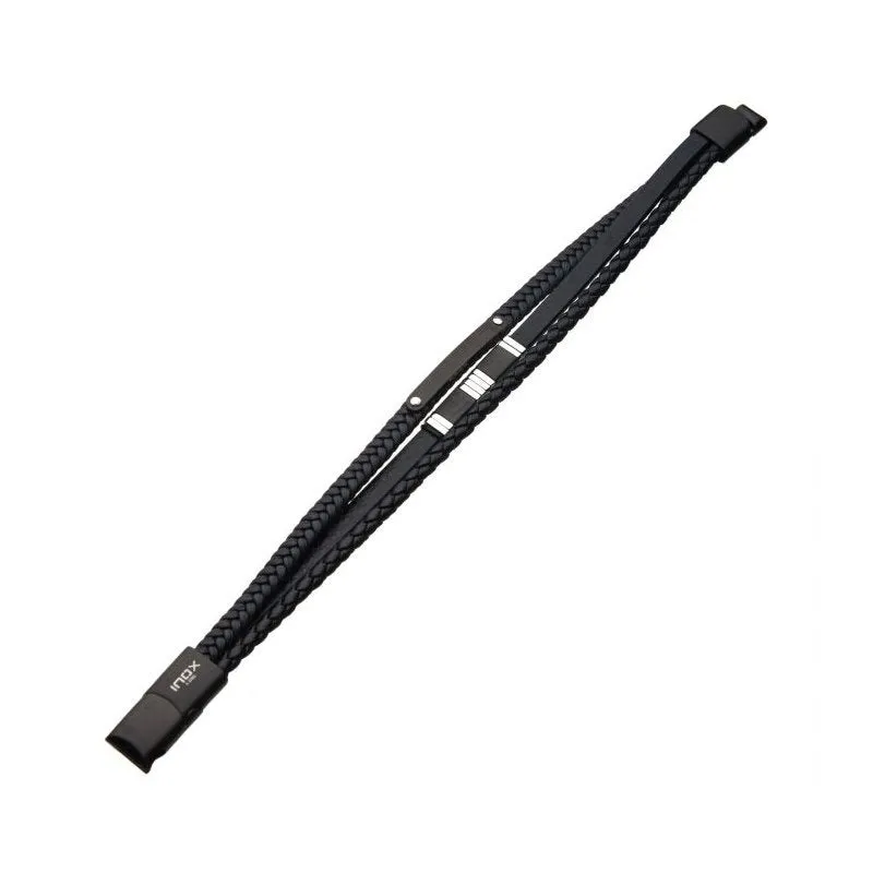 INOX Jewelry Black Leather with Black & Steel Bar Bracelet