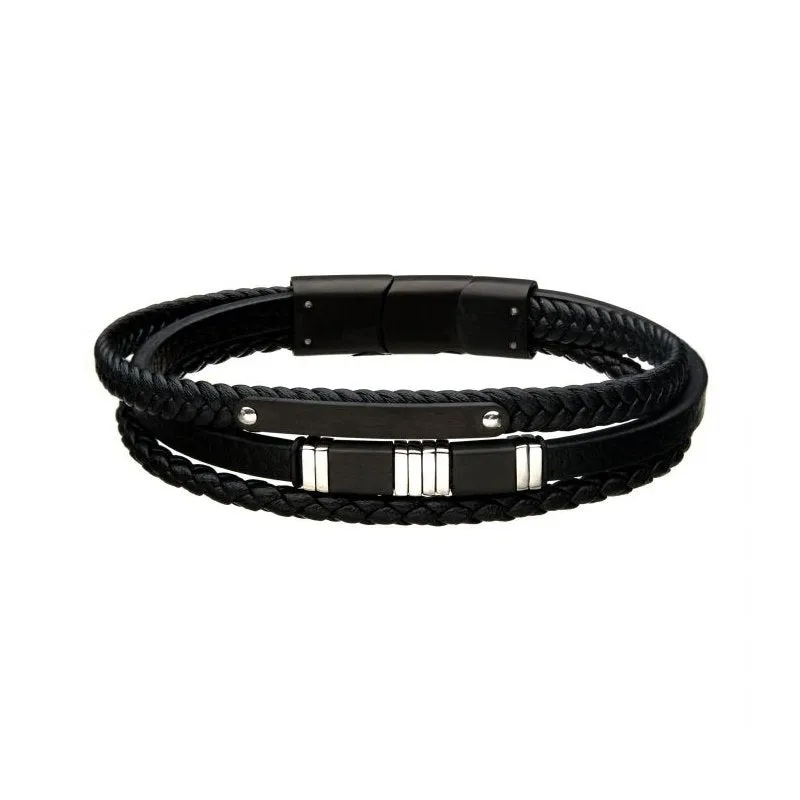 INOX Jewelry Black Leather with Black & Steel Bar Bracelet