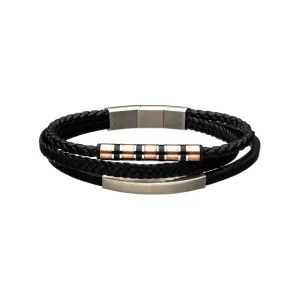 INOX Jewelry Black Leather with Rose Gold & Steel Bar Bracelet
