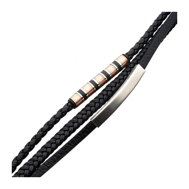 INOX Jewelry Black Leather with Rose Gold & Steel Bar Bracelet