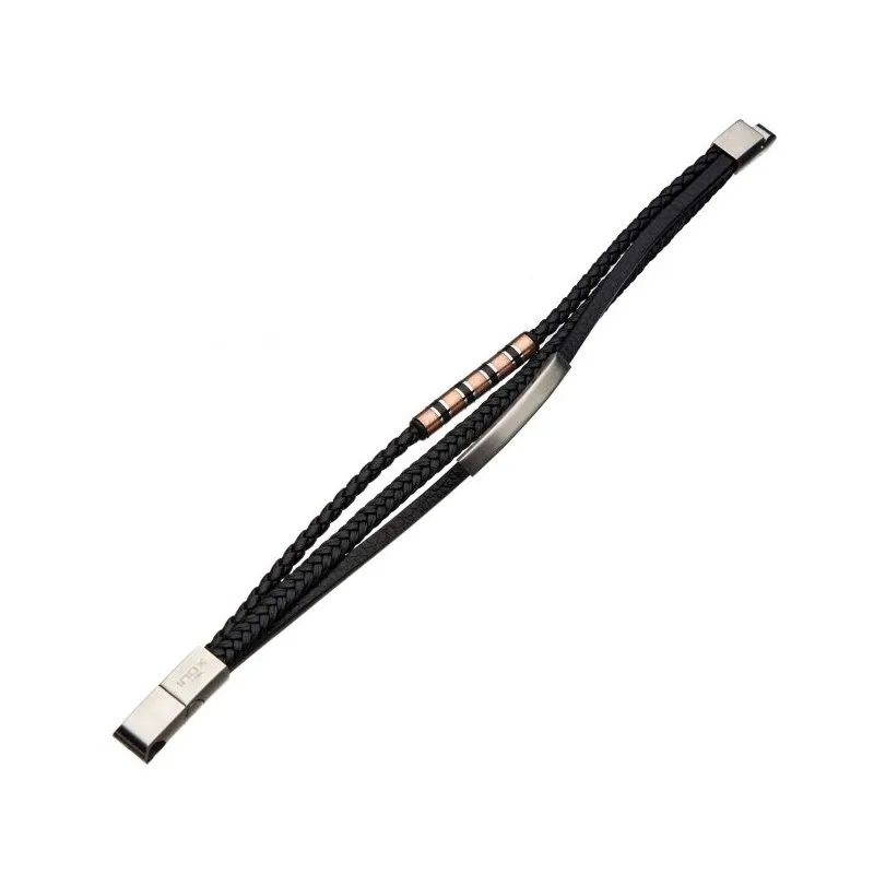 INOX Jewelry Black Leather with Rose Gold & Steel Bar Bracelet