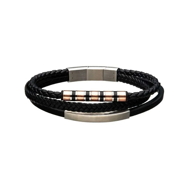 INOX Jewelry Black Leather with Rose Gold & Steel Bar Bracelet