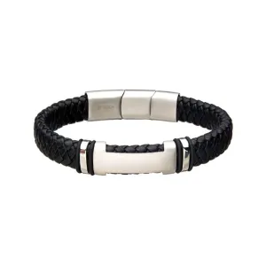 INOX Jewelry Black Leather with Steel ID Bracelet