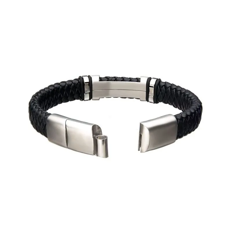 INOX Jewelry Black Leather with Steel ID Bracelet